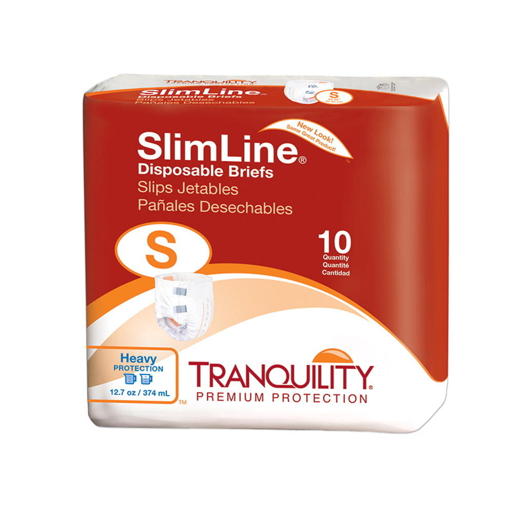 Small disposable adult briefs, 10-count pack with white briefs and blue tabs