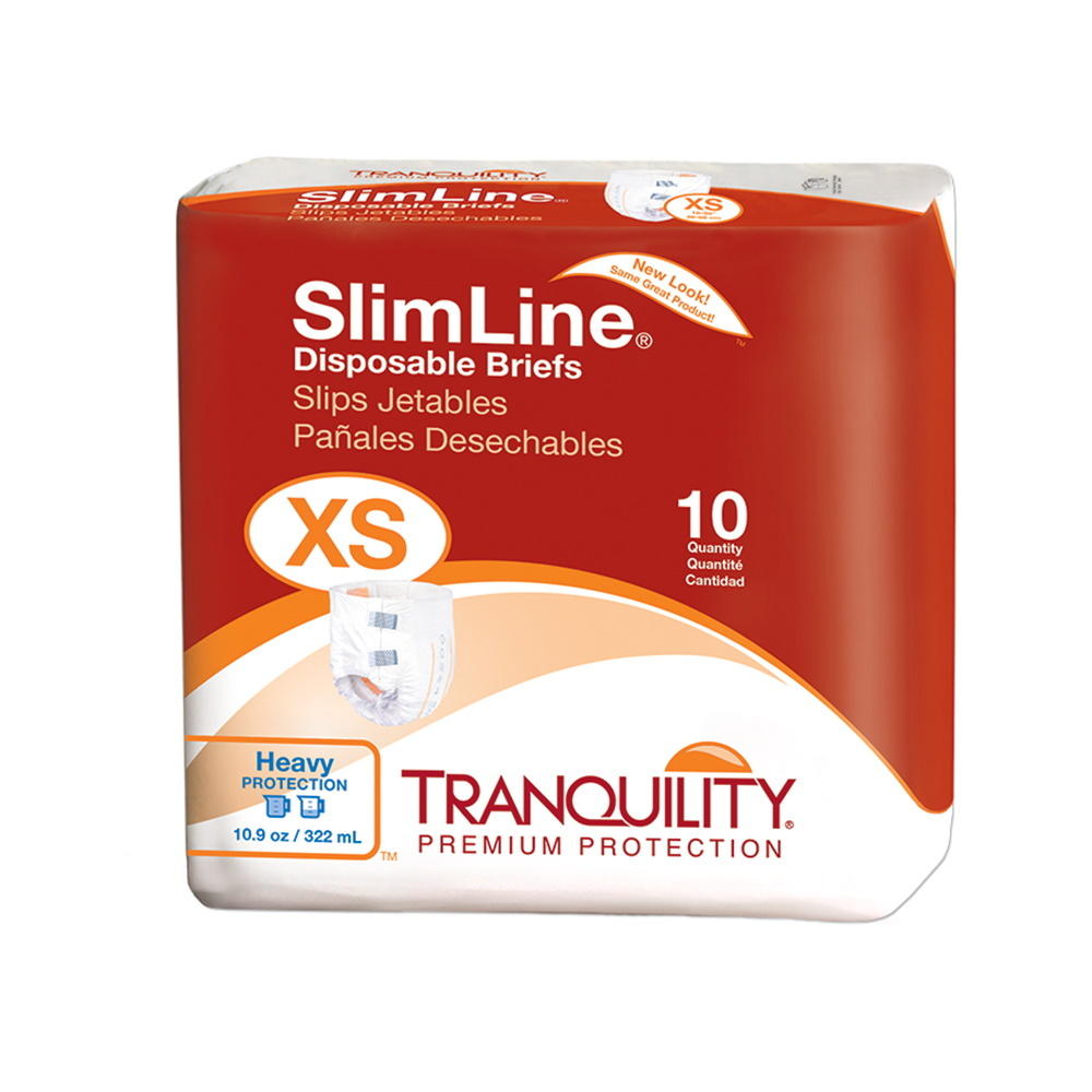 Extra-small disposable adult briefs, 10-count pack with white briefs and blue tabs