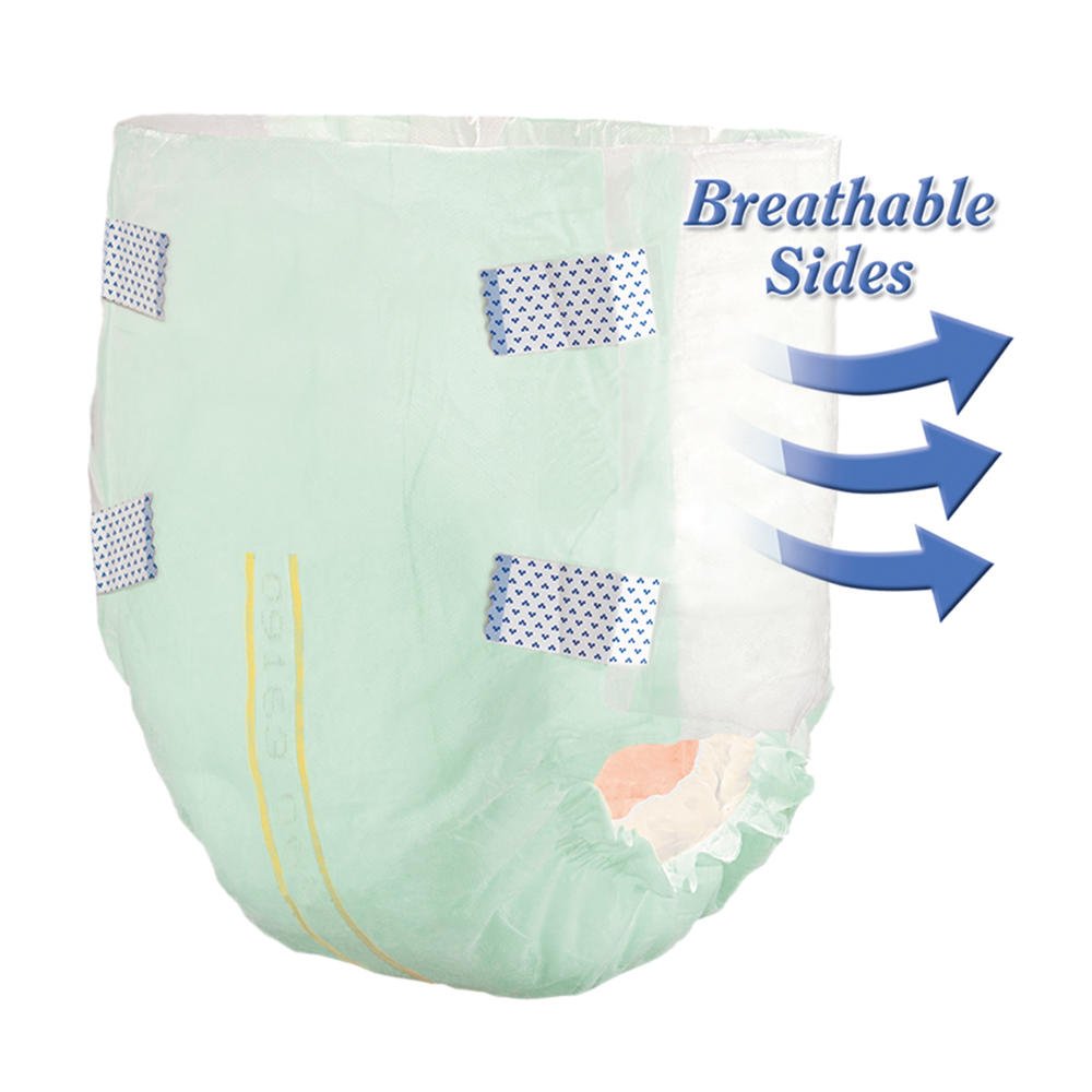 Disposable adult briefs with breathable sides; light mint