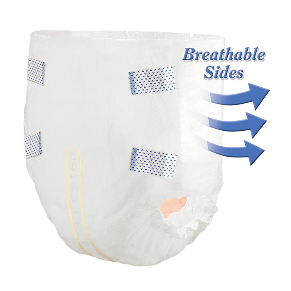 Disposable adult briefs with breathable sides; white