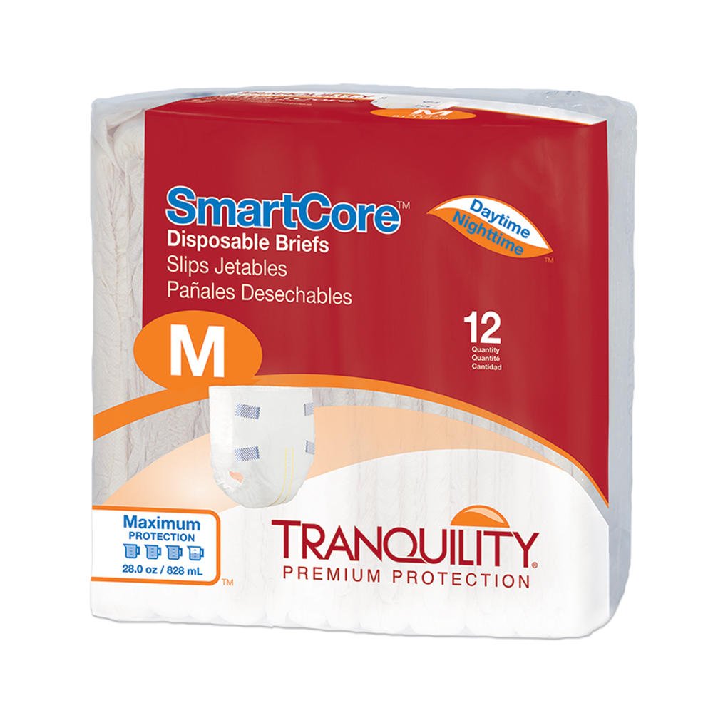 Disposable adult briefs, size M, pack of 12; breathable sides