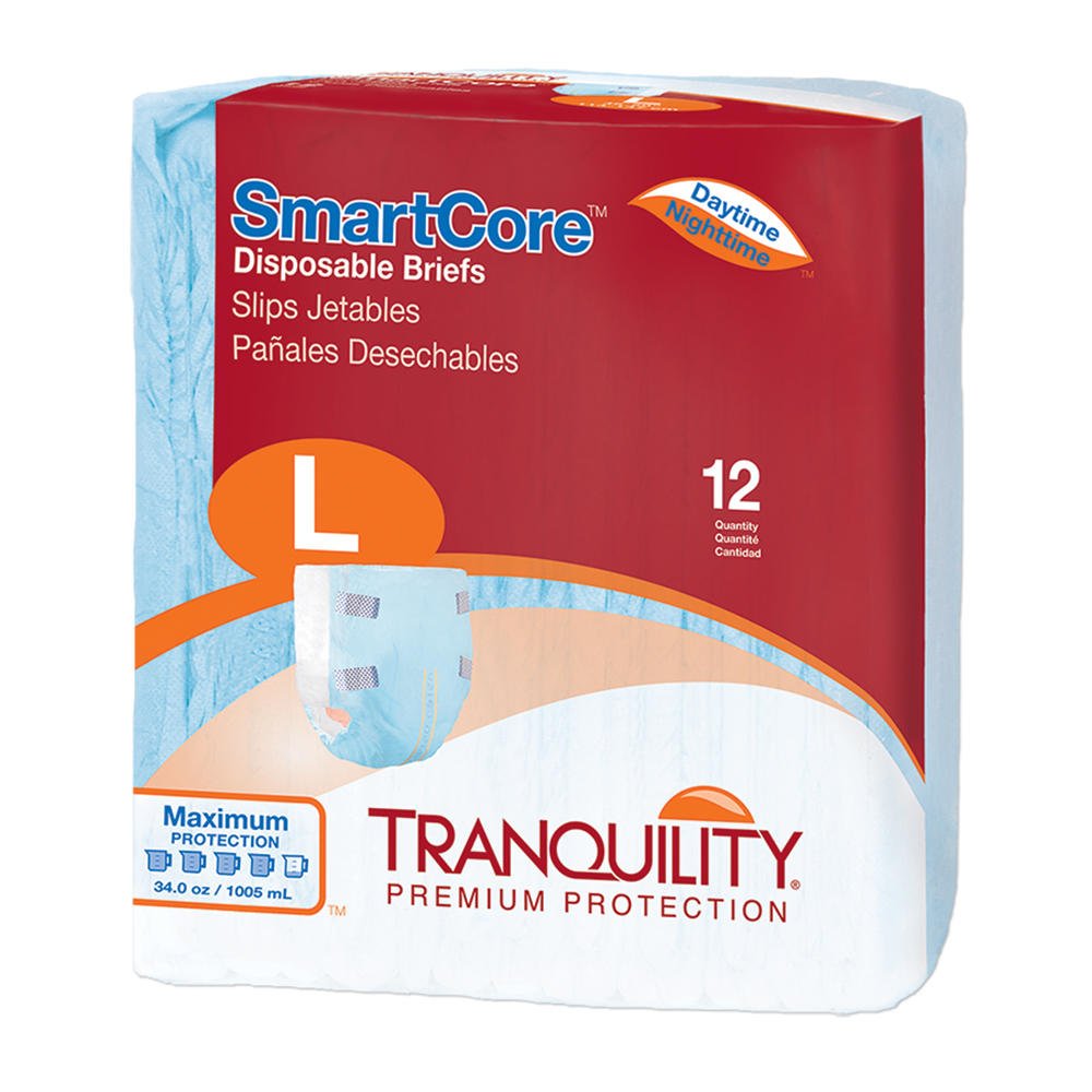 Disposable adult briefs, size L, pack of 12; breathable sides