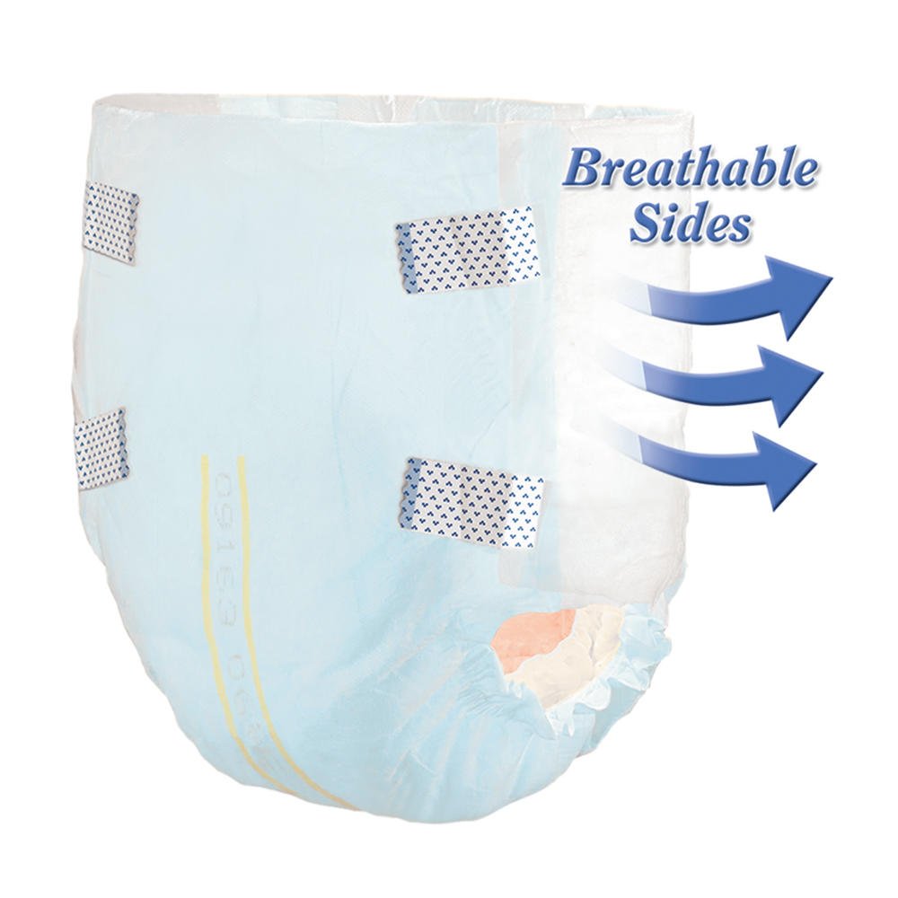 Disposable adult briefs with breathable sides; light blue