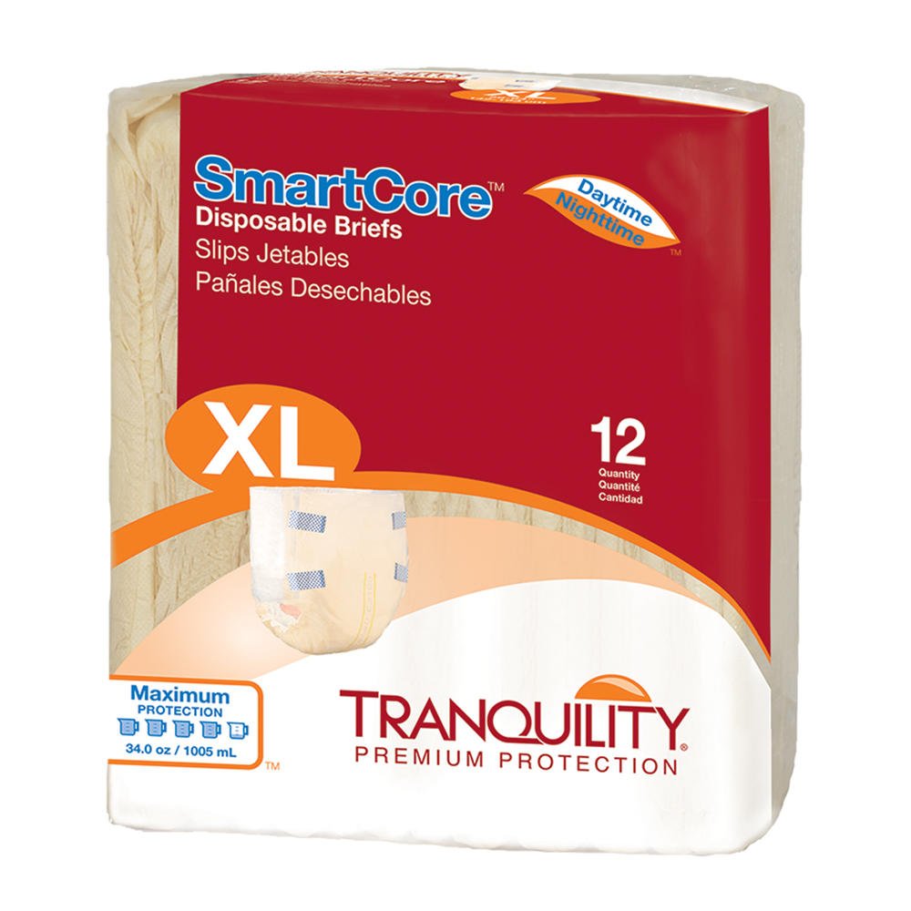 Disposable adult briefs, size XL, pack of 12; breathable sides