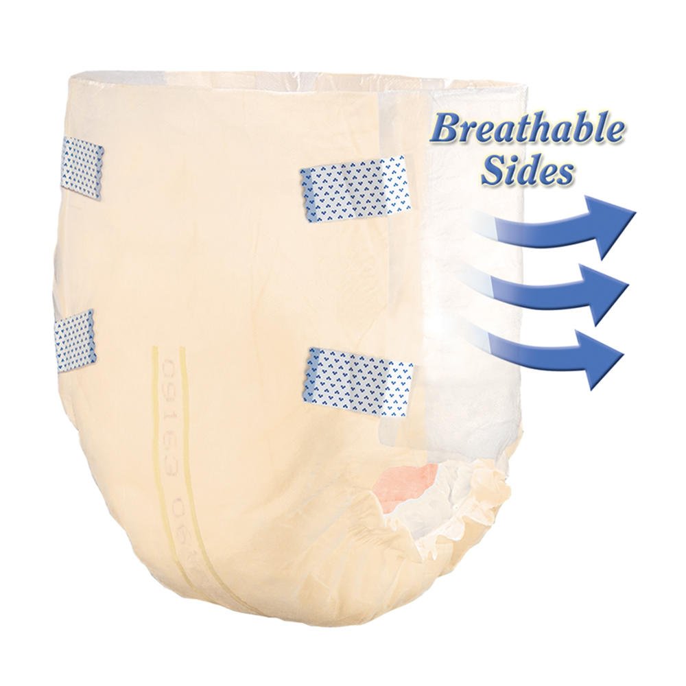 Disposable adult briefs with breathable sides; cream