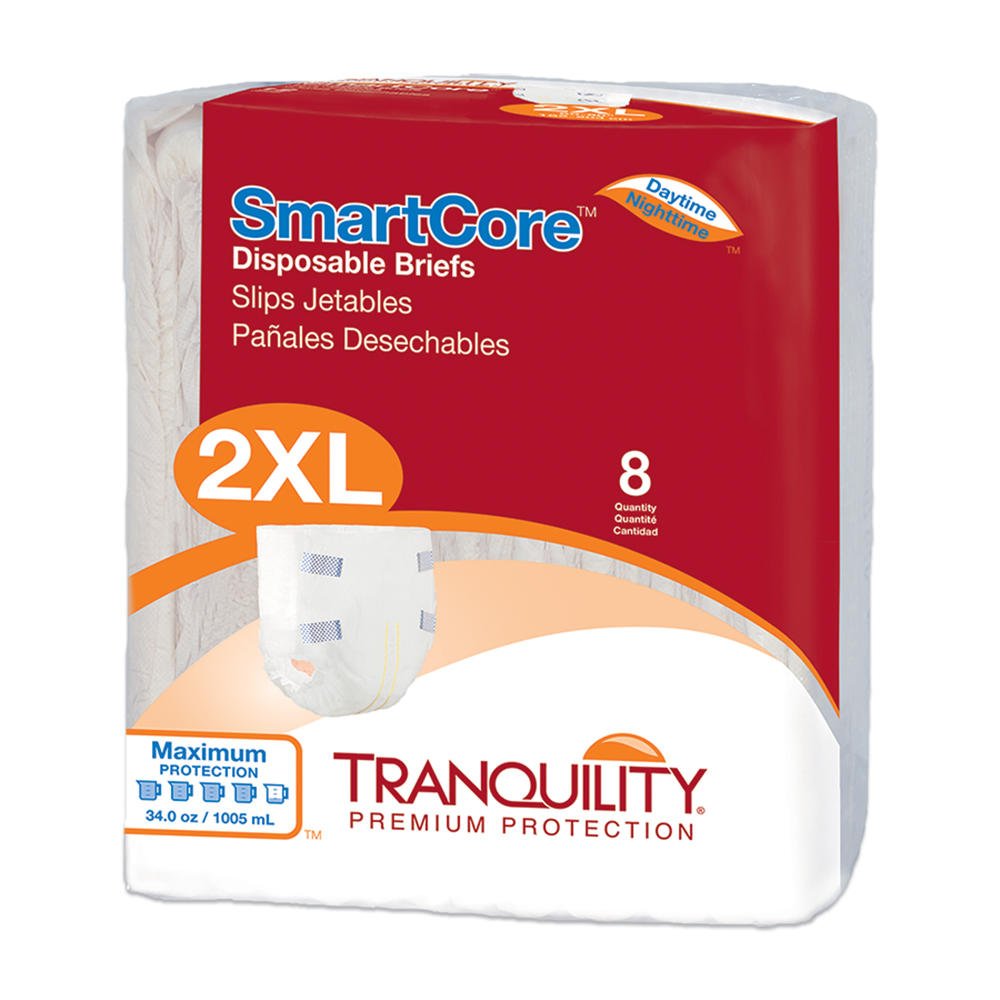 Disposable adult briefs, size 2XL, pack of 8; breathable sides