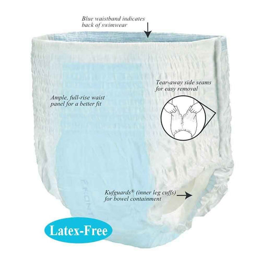 Disposable swim diaper with blue waistband, full-rise panel, tear-away side seams