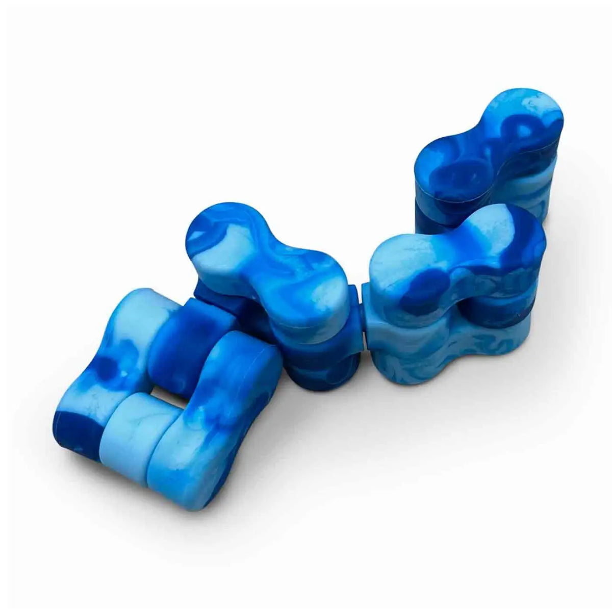 Blue and light blue marbled Traxx fidget toy with connected plastic links