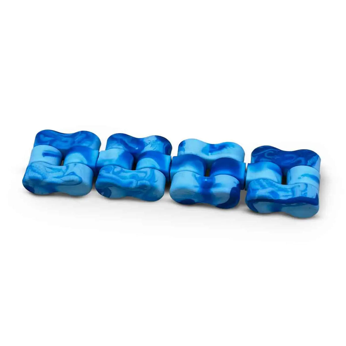 Blue and light blue marbled Traxx fidget toy with four connected segments