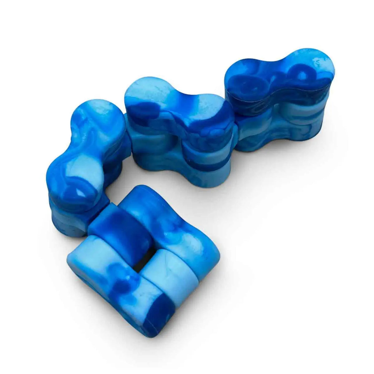 Blue and white marbled Traxx fidget toy with interlocking links