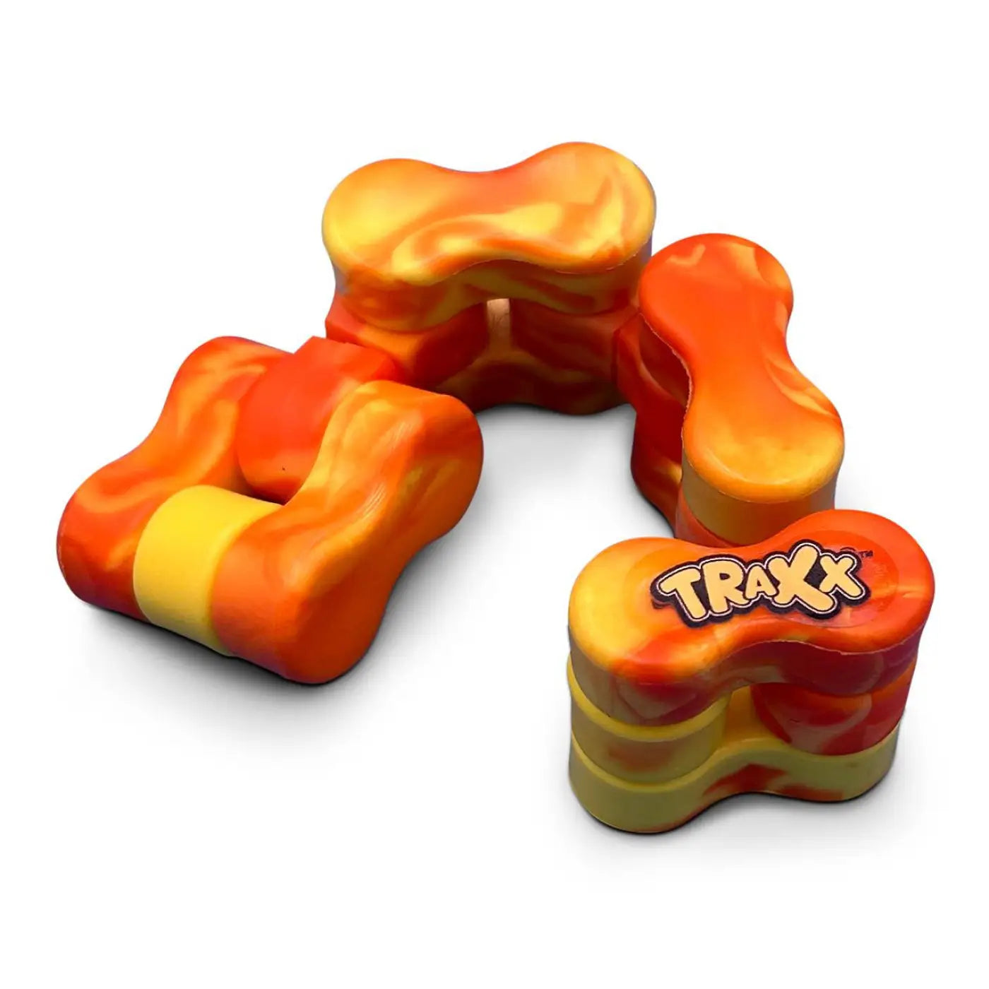 Traxx fidget toy with orange and yellow marbled interlocking plastic links