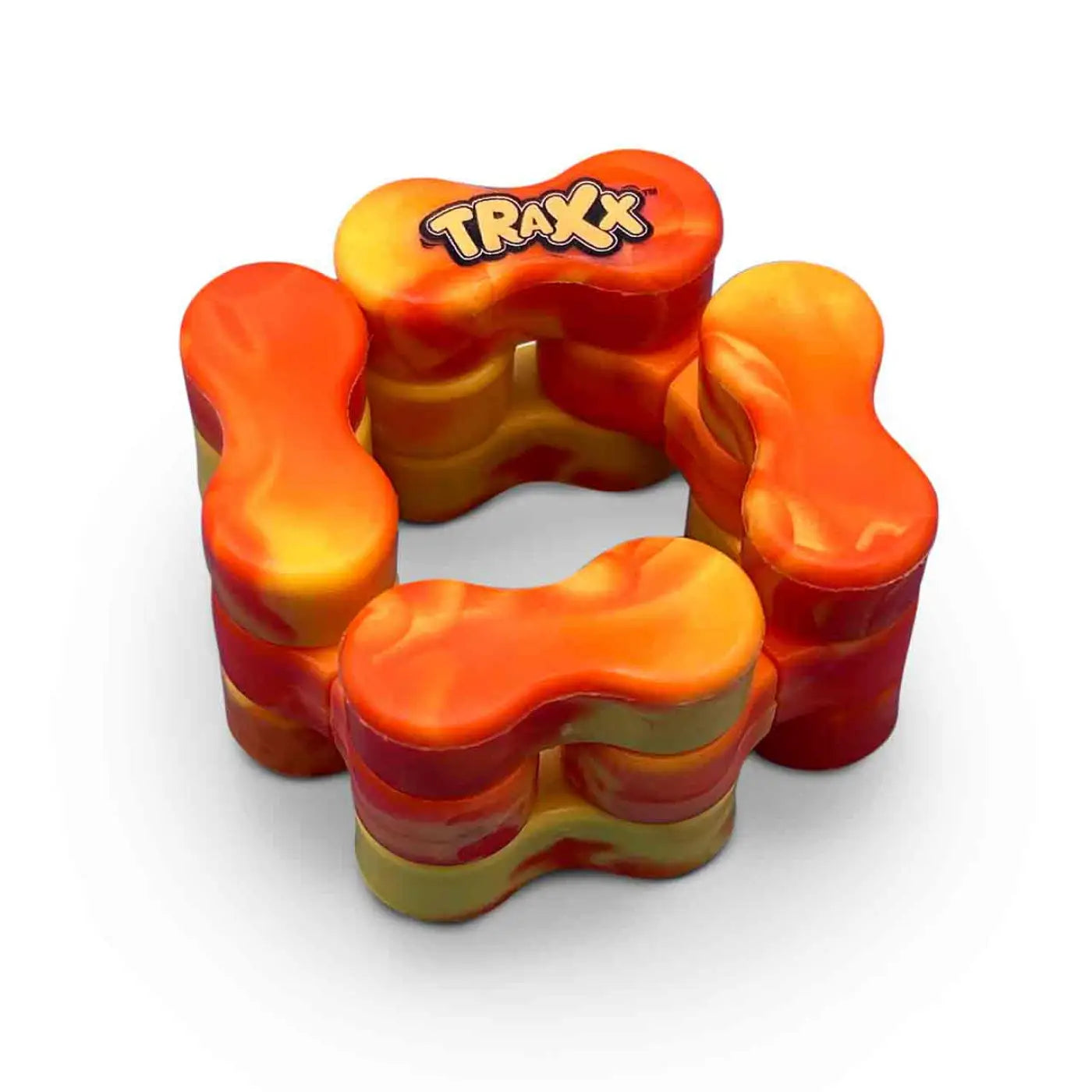 Orange and yellow swirled Traxx fidget toy in a circular shape