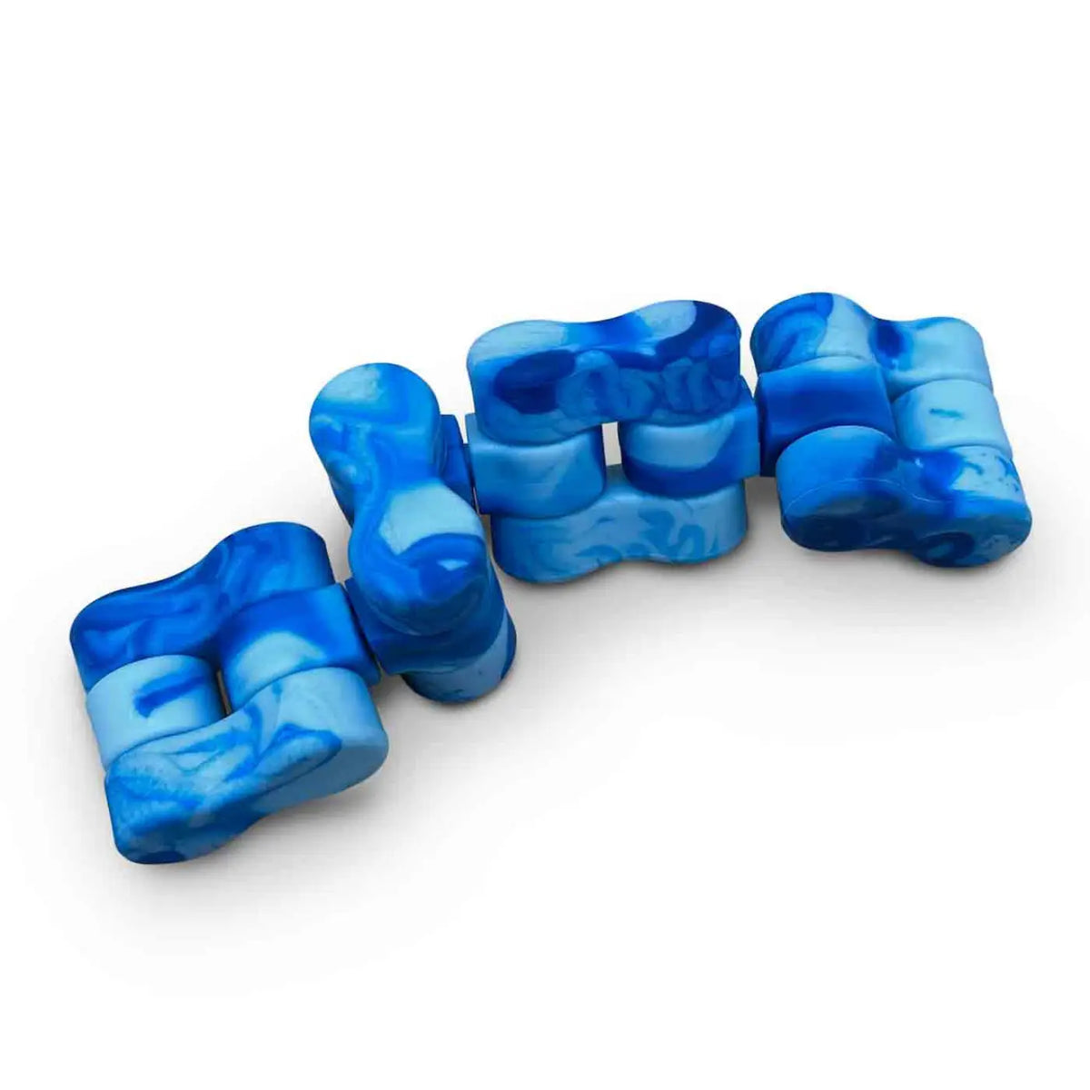 Blue and light blue marbled Traxx fidget toy with interlocking plastic segments