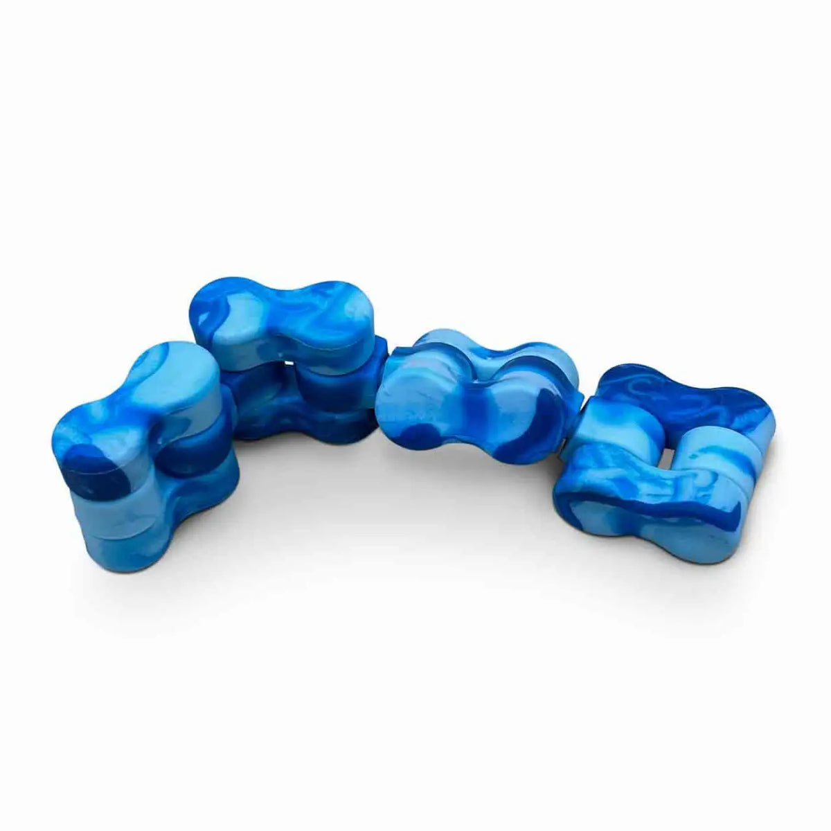Blue and light blue marbled Traxx fidget toy with interlocking plastic segments