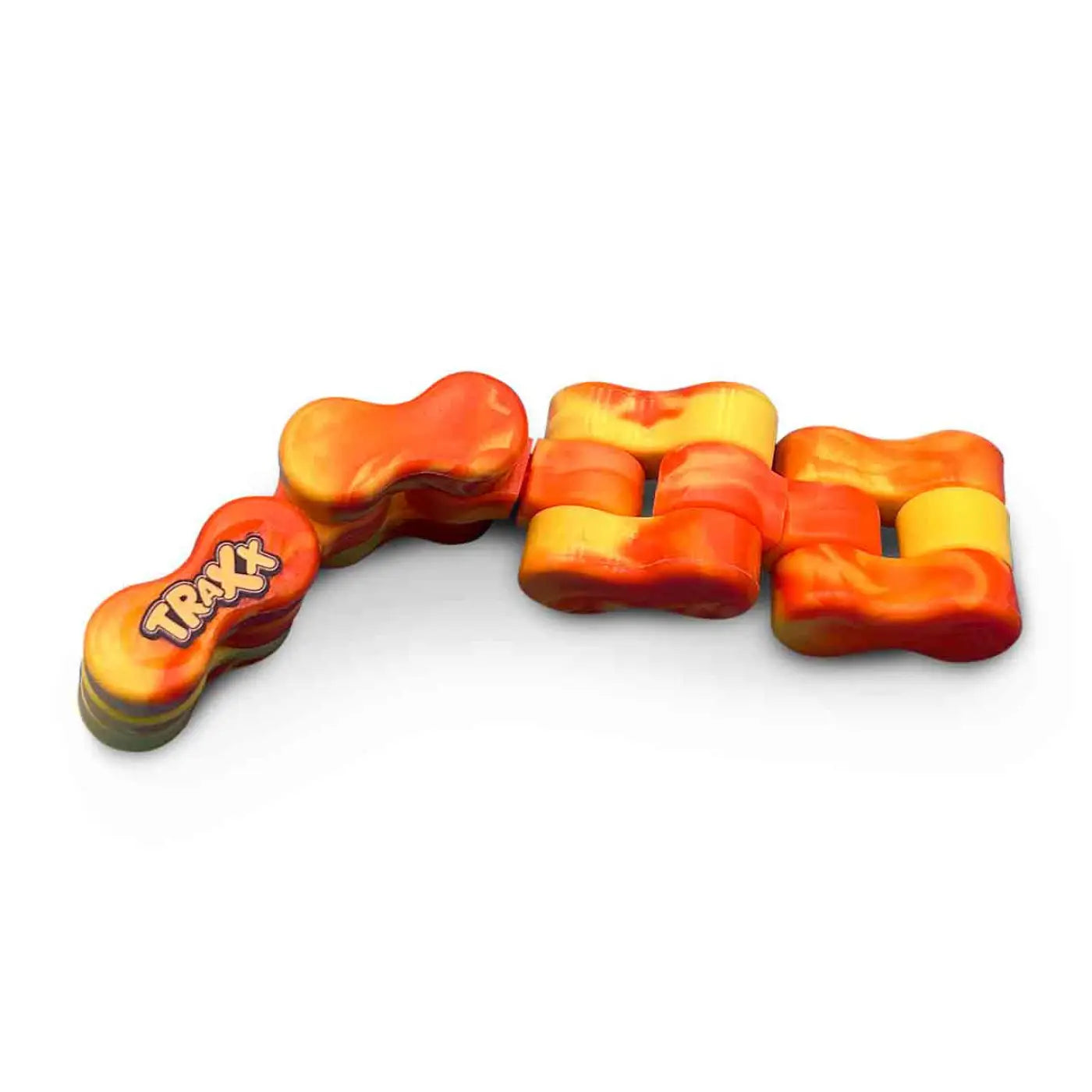 Traxx fidget toy with orange and yellow marbled interlocking plastic links