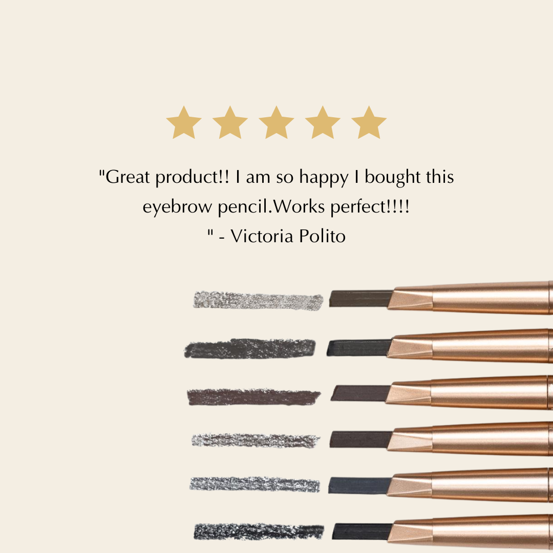 Eyebrow pencil lineup with visible swatches and attached spoolie brush tips