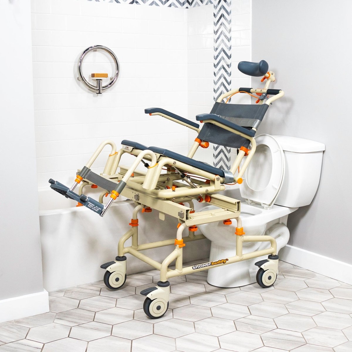 Over-bath shower chair with dark blue seat and backrest, padded headrest, and rolling wheels