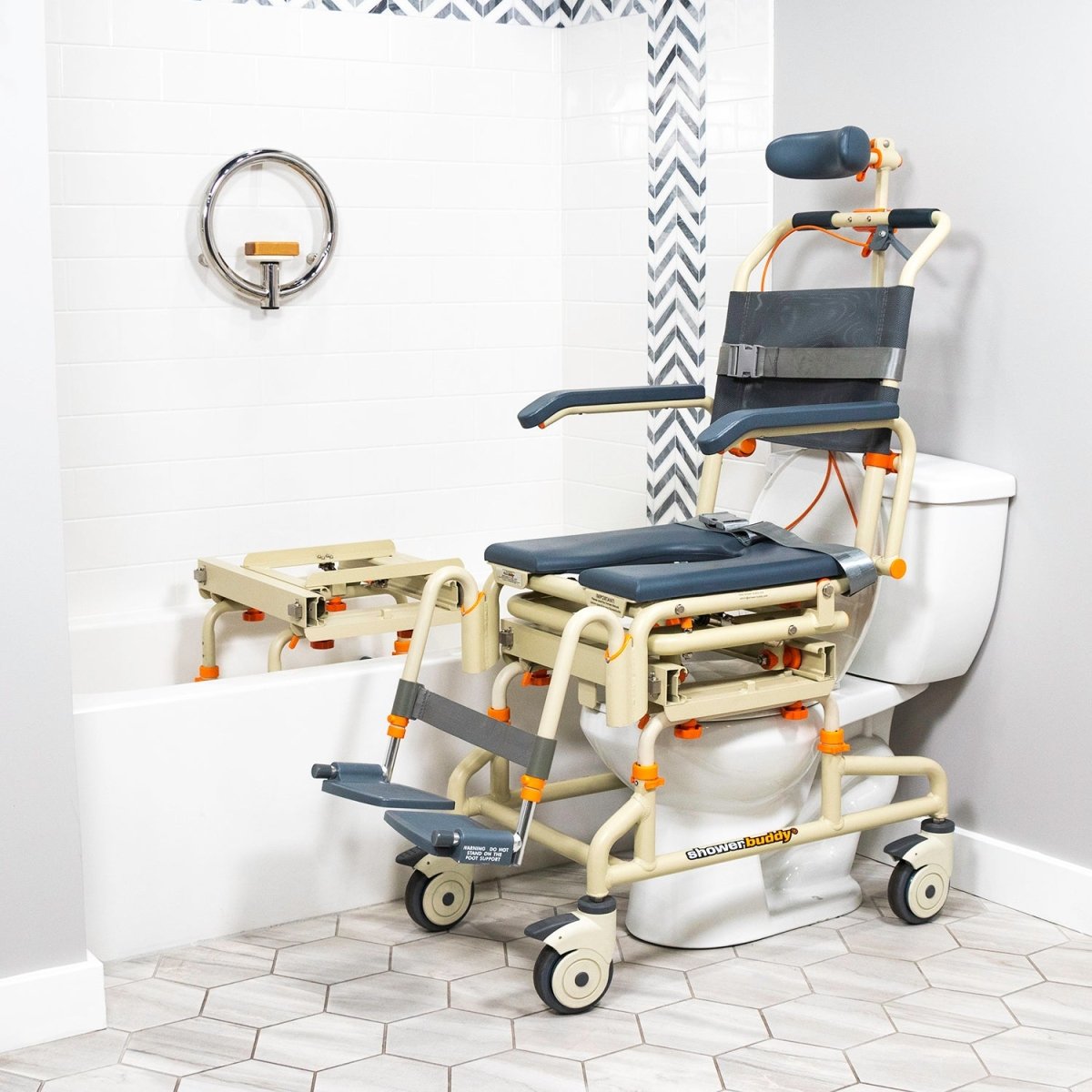 Over-bath shower chair with dark blue seat and backrest, raised headrest, and arm supports
