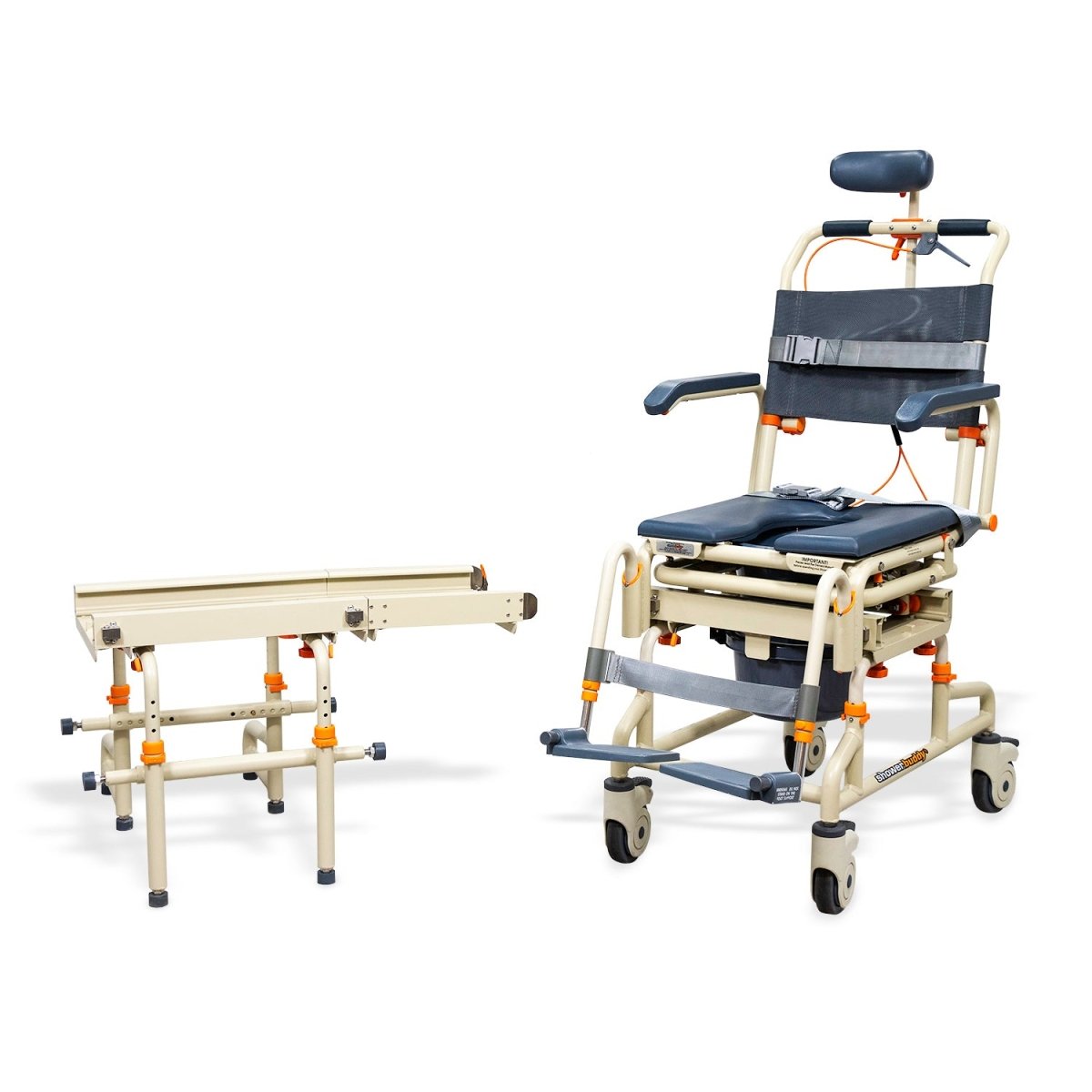 Over-bath shower chair with dark blue seat, backrest, arm support bar, and wide frame