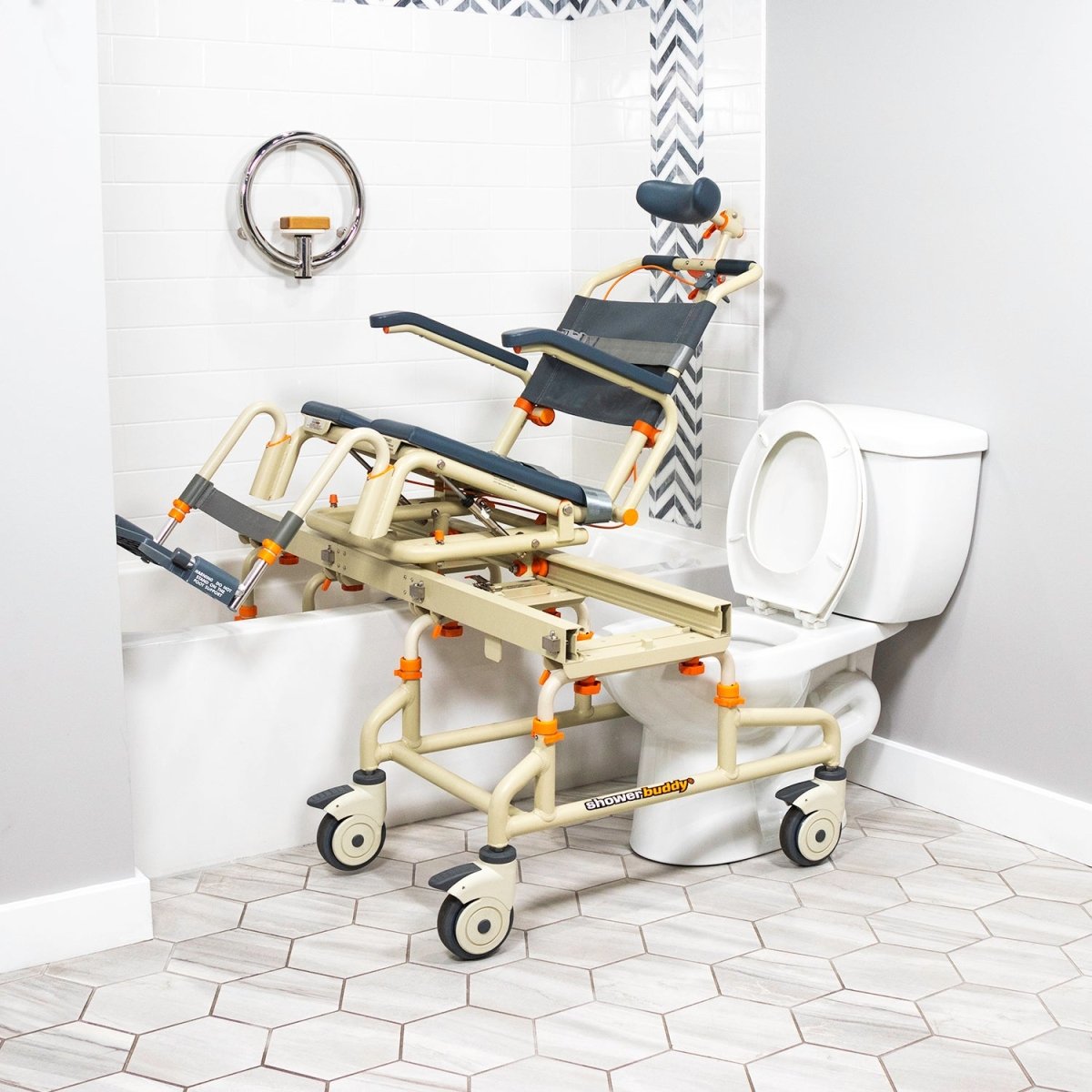 Over-bath shower chair with dark blue seat and backrest, tilt frame, and wheeled base