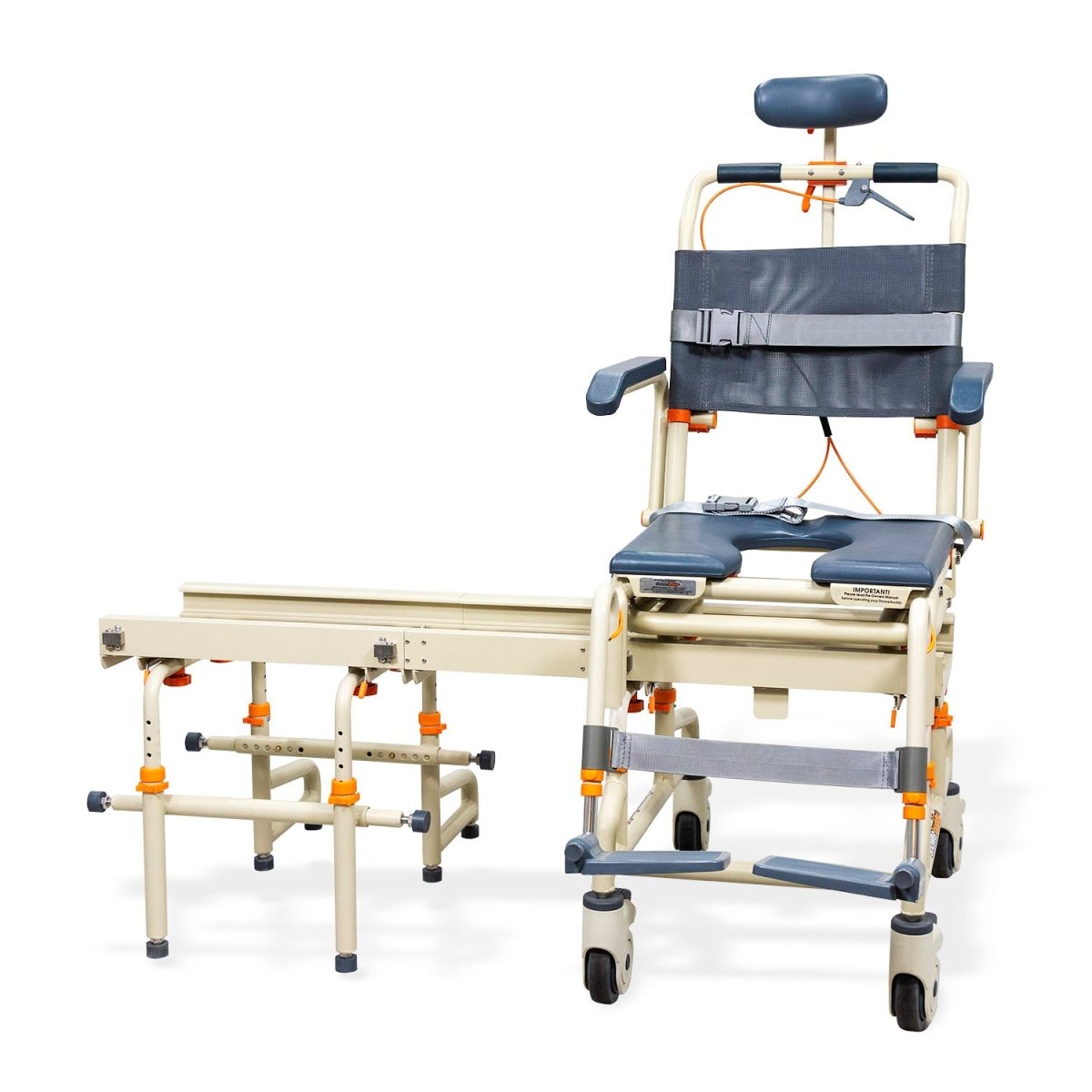 Over-bath shower chair with dark blue seat and backrest, armrests, and caster wheels