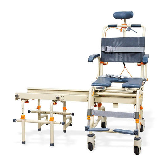 Over-bath shower chair with dark blue seat and backrest, armrests, and caster wheels