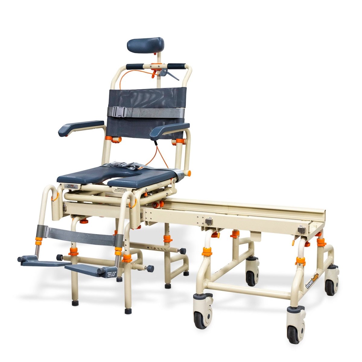 Tilt shower chair over bath with padded dark blue seat, backrest, side handles, and wheels