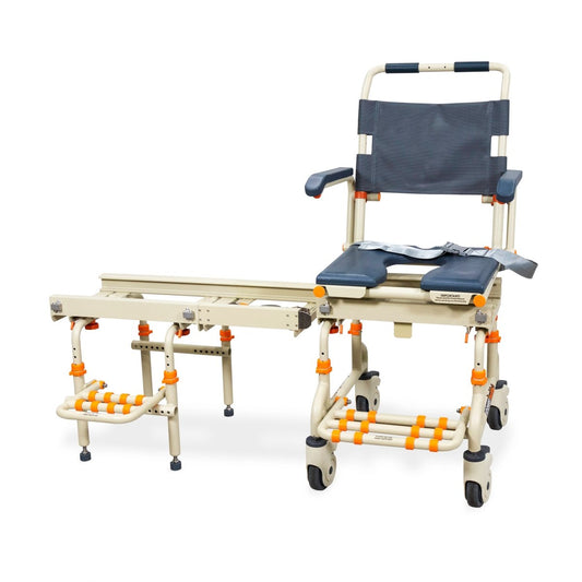 Over-bath shower chair with dark blue seat, backrest, armrests and caster wheels