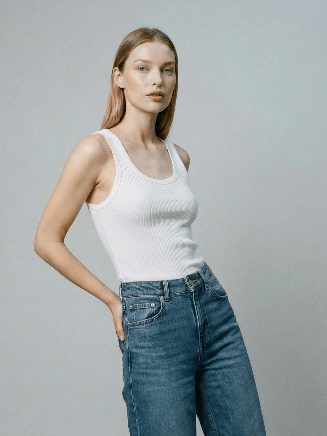 White ribbed tank top with scoop neck and sleeveless fitted knit