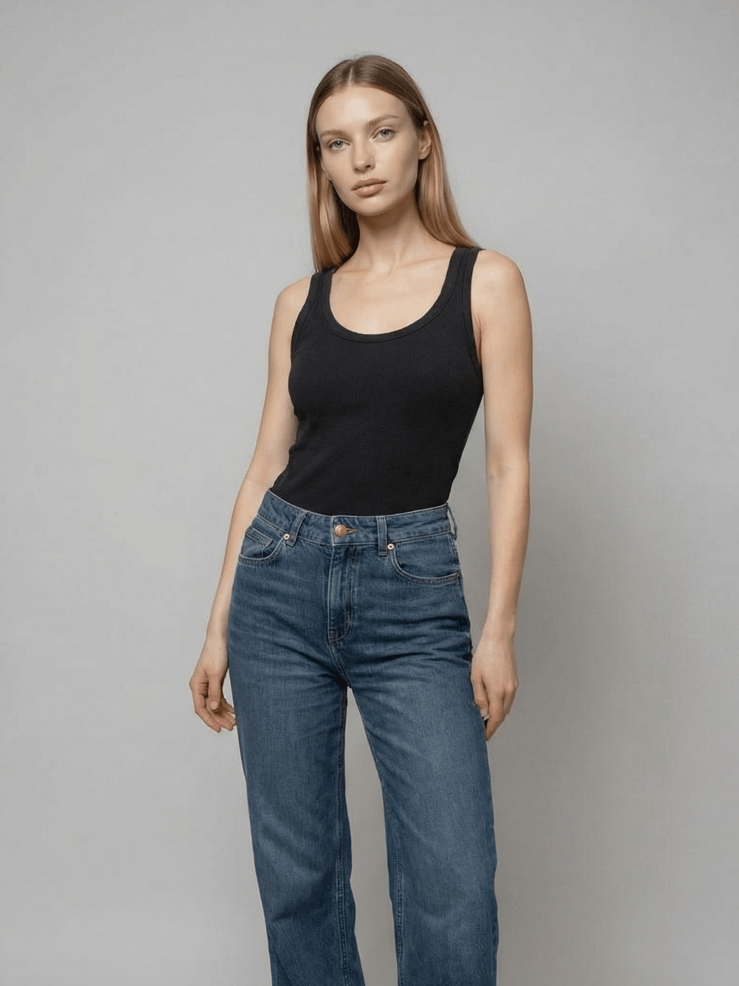 Black ribbed tank top with scoop neck and sleeveless design