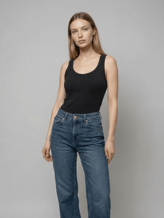 Black ribbed tank top with scoop neck and sleeveless design