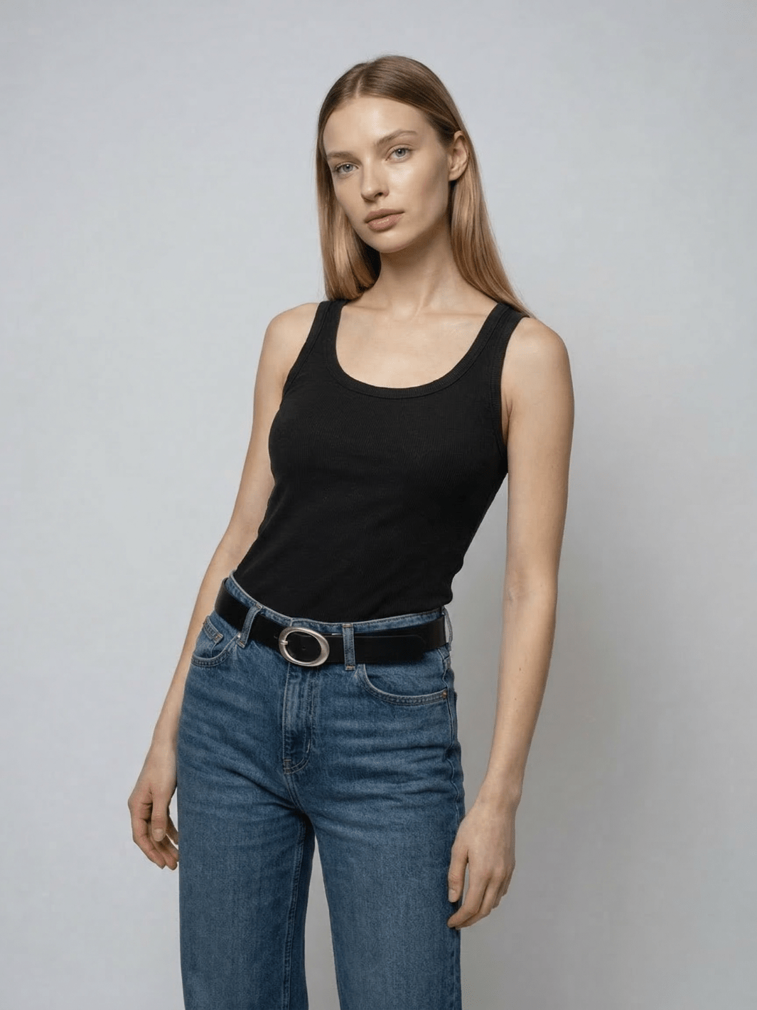 Black ribbed tank top with scoop neck and sleeveless cut