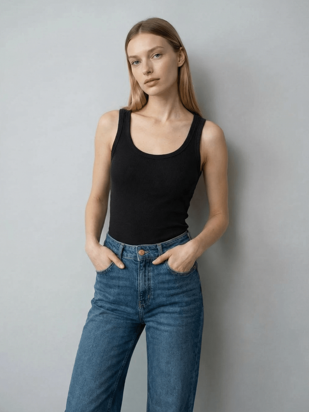 Black ribbed tank top with scoop neck, fitted sleeveless silhouette