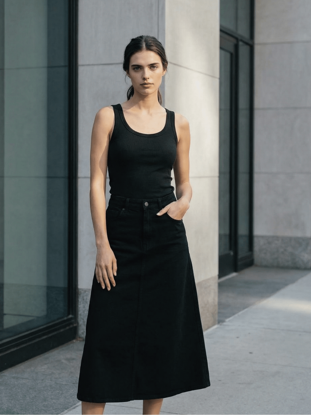 Black ribbed tank top with scoop neck and sleeveless armholes