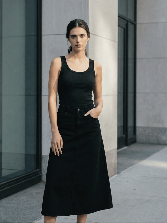 Black ribbed tank top with scoop neck and sleeveless armholes