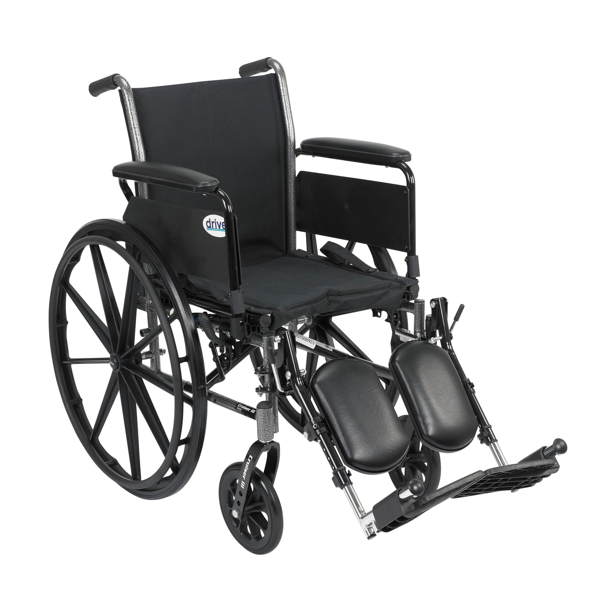 Black lightweight wheelchair with flip-back removable arms and elevating leg rests