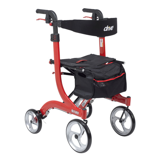 Red tall rollator rolling walker with black handlebar, padded seat, storage bag, 3 wheels
