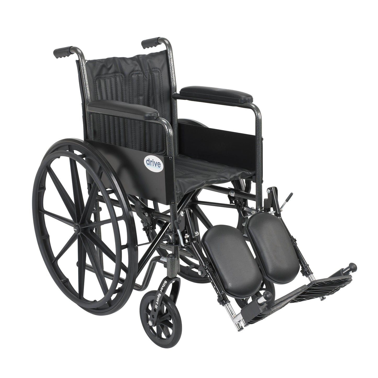 Silver sport wheelchair with fixed arms and elevating leg rests, 18in seat, black upholstery