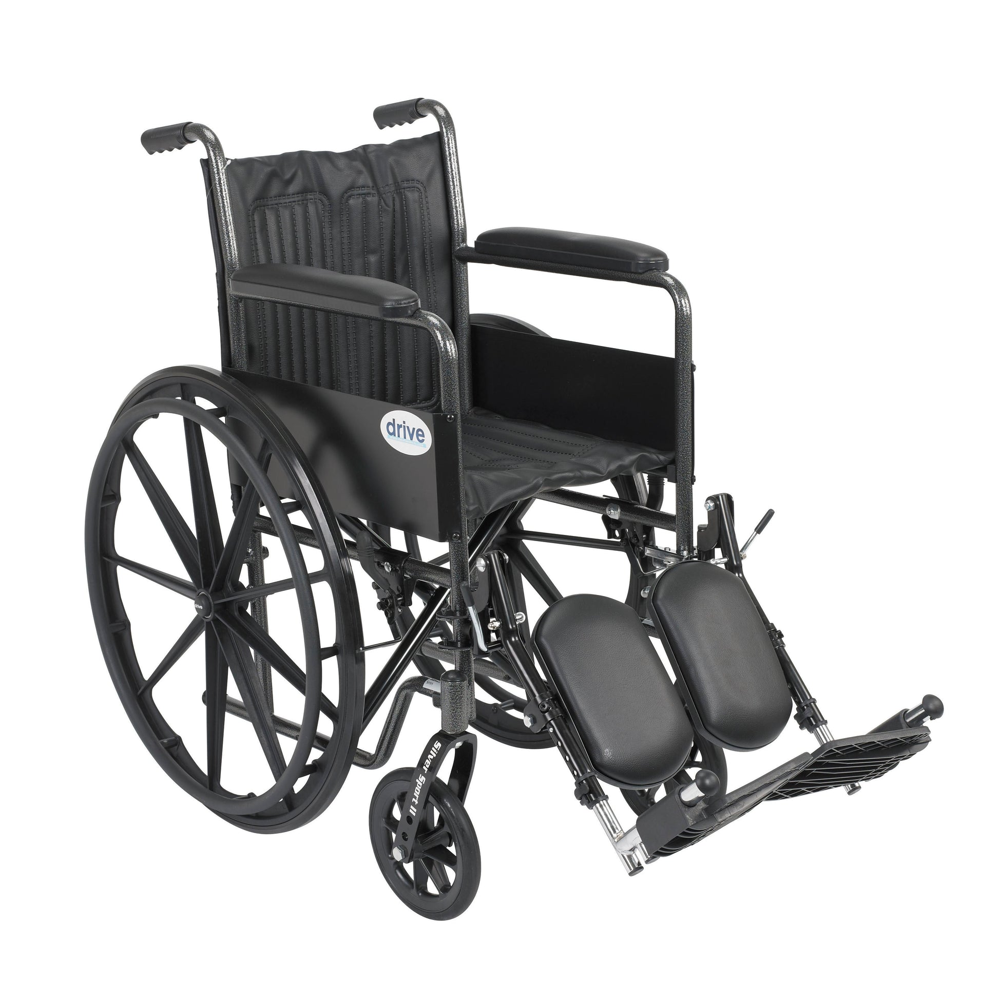 Silver sport wheelchair with fixed arms and elevating leg rests, 18in seat, black upholstery