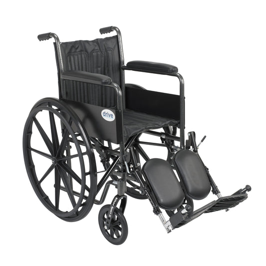 Silver sport wheelchair with fixed arms and elevating leg rests, 18in seat, black upholstery