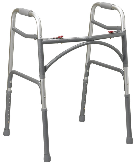 Heavy duty bariatric walker with grey metal frame, arched hand grips, and red safety buttons