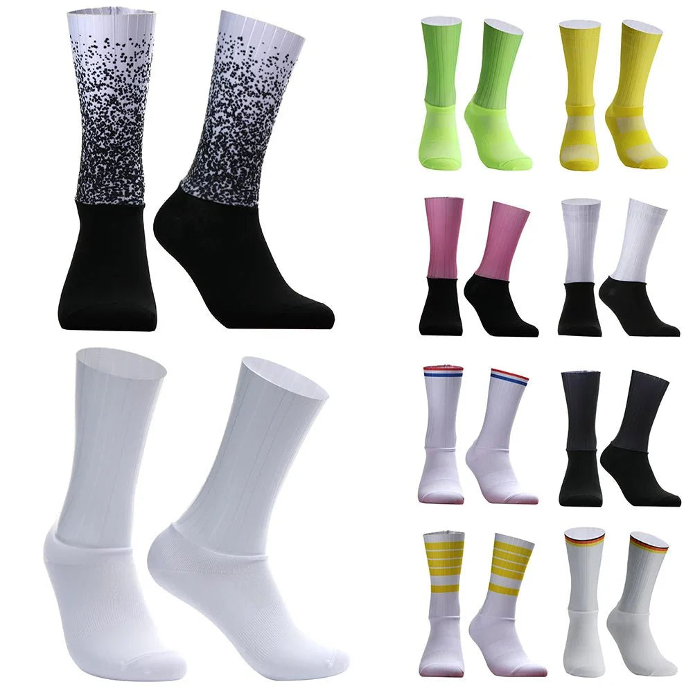 Unisex Anti-Slip Aero Cycling Socks – Silicone-Striped Knee-High Sports Socks