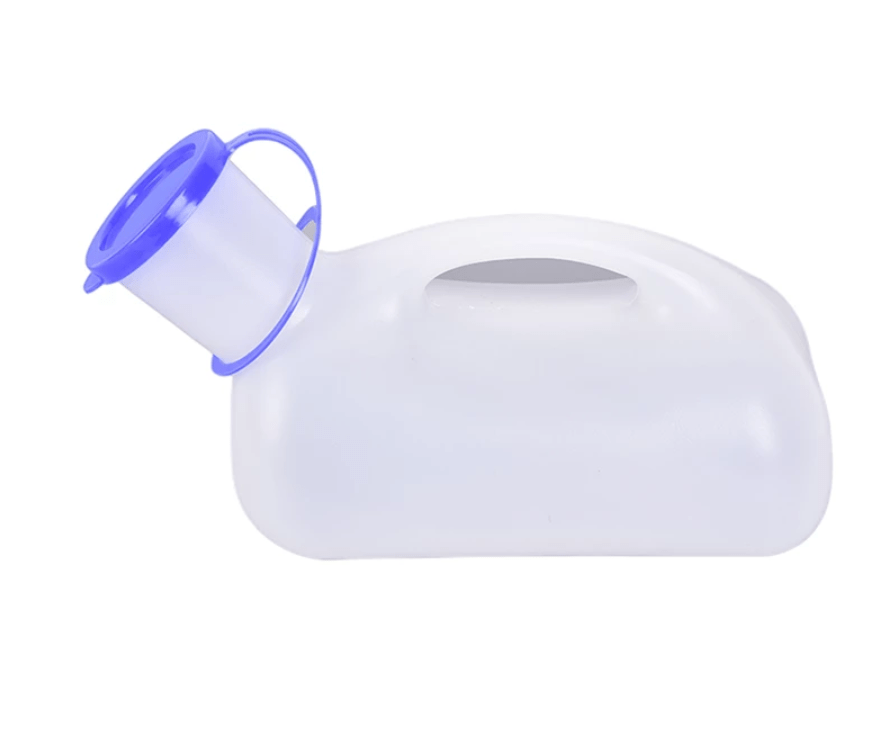 White leak-proof urinal cup with built-in carry cutout and blue spout lid