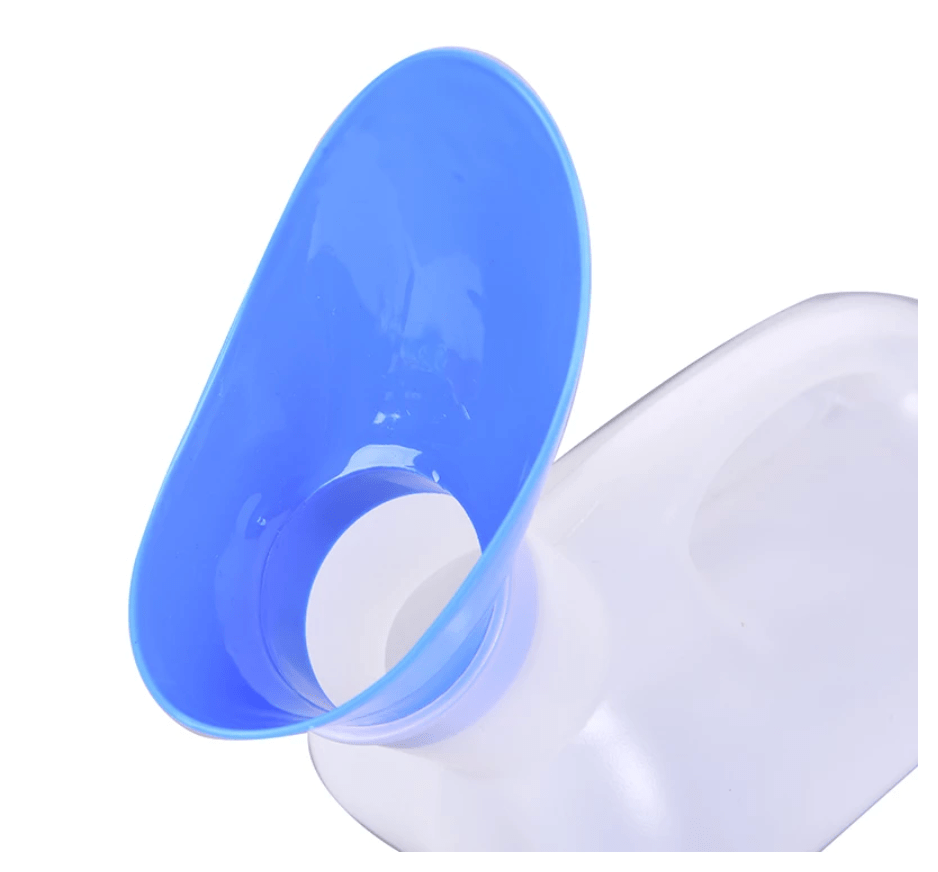 Close-up of blue funnel spout attached to white leak-proof urinal cup