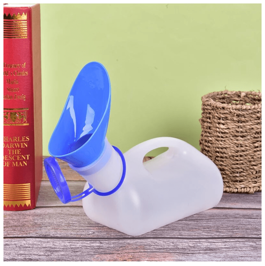 Unisex leak-proof urinal cup with blue funnel spout and white container base