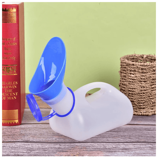 Unisex leak-proof urinal cup with blue funnel spout and white container base