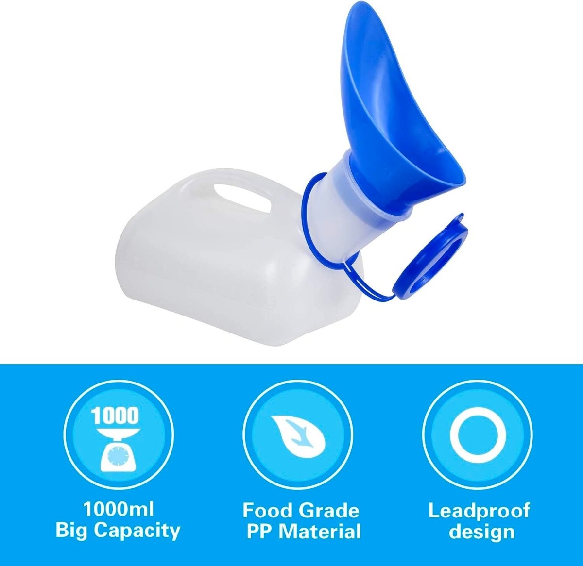 White unisex urinal with blue funnel spout and molded handle loop