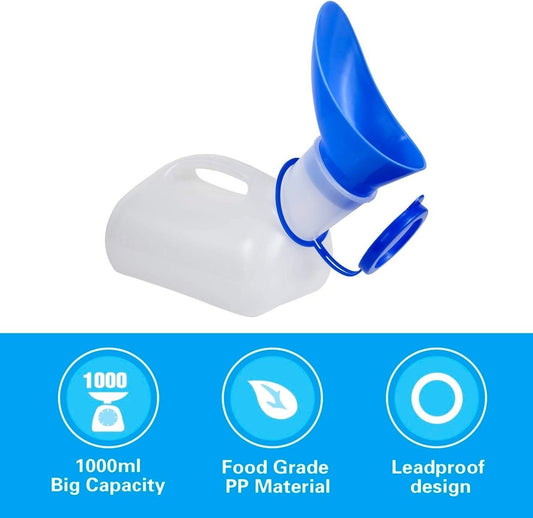 White unisex urinal with blue funnel spout and molded handle loop