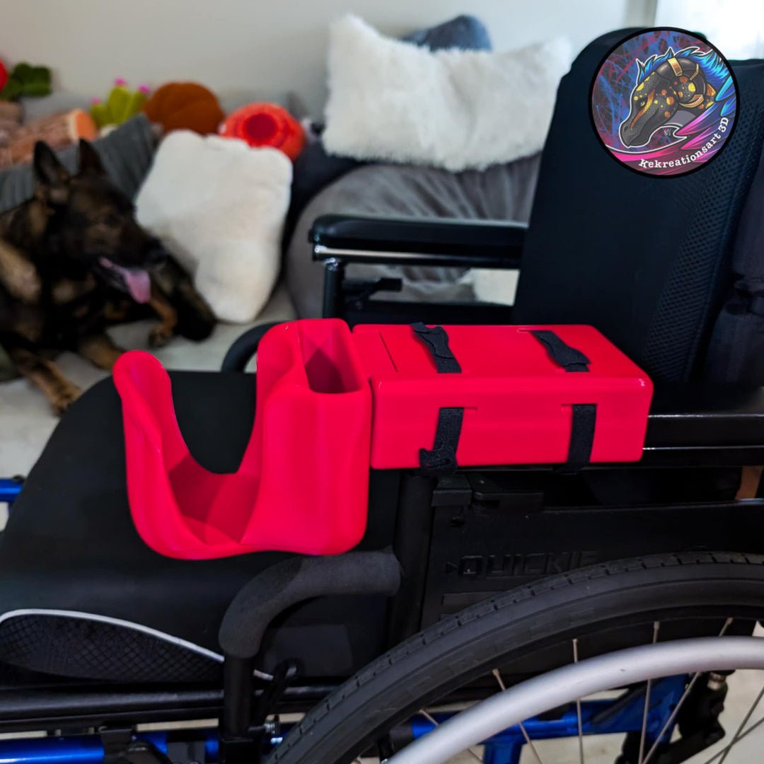 Red wheelchair cup and phone holder attached to a Quickie powerchair, next to a red storage box