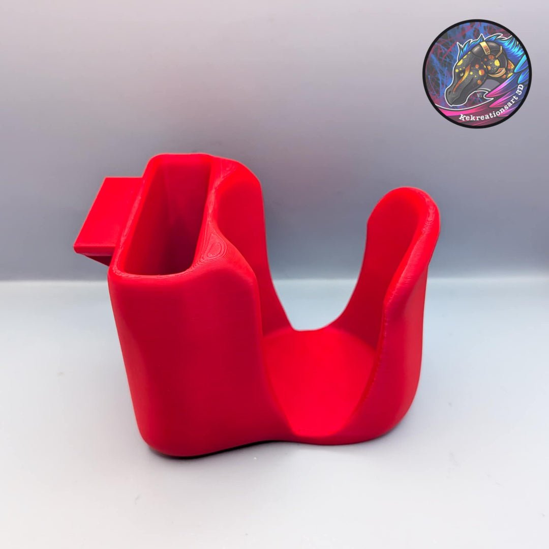 Red wheelchair cup and phone holder: Securely holds drinks and devices on power or manual chairs.